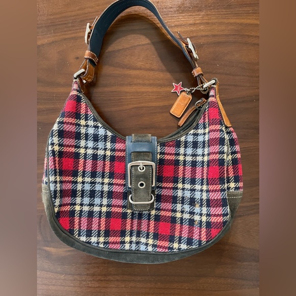 Coach Handbags - Coach Vintage Tartan Red Plaid Buckle Charm Shoulder Bag Suede